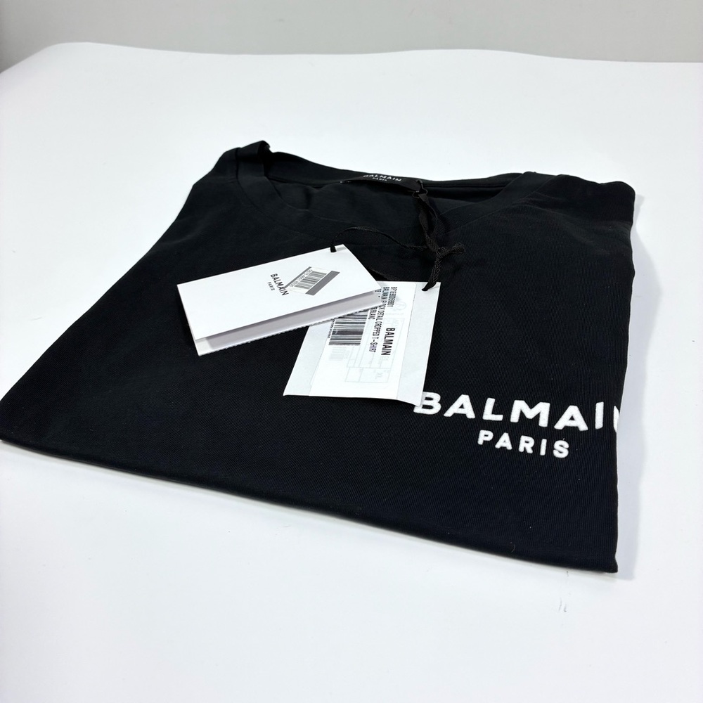 Balmain Cropped Eco-Designed Cotton T-Shirt Tee Flocked Logo Black XL NWT - Picture 10 of 14
